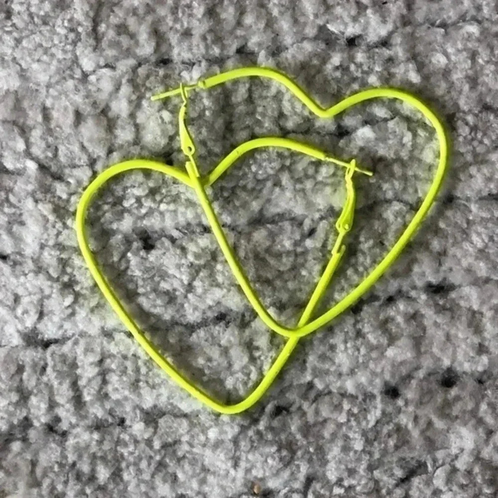 Neon Yellow Retro 80’s Large Stainless Steel Heart Shaped Hoop Earrings